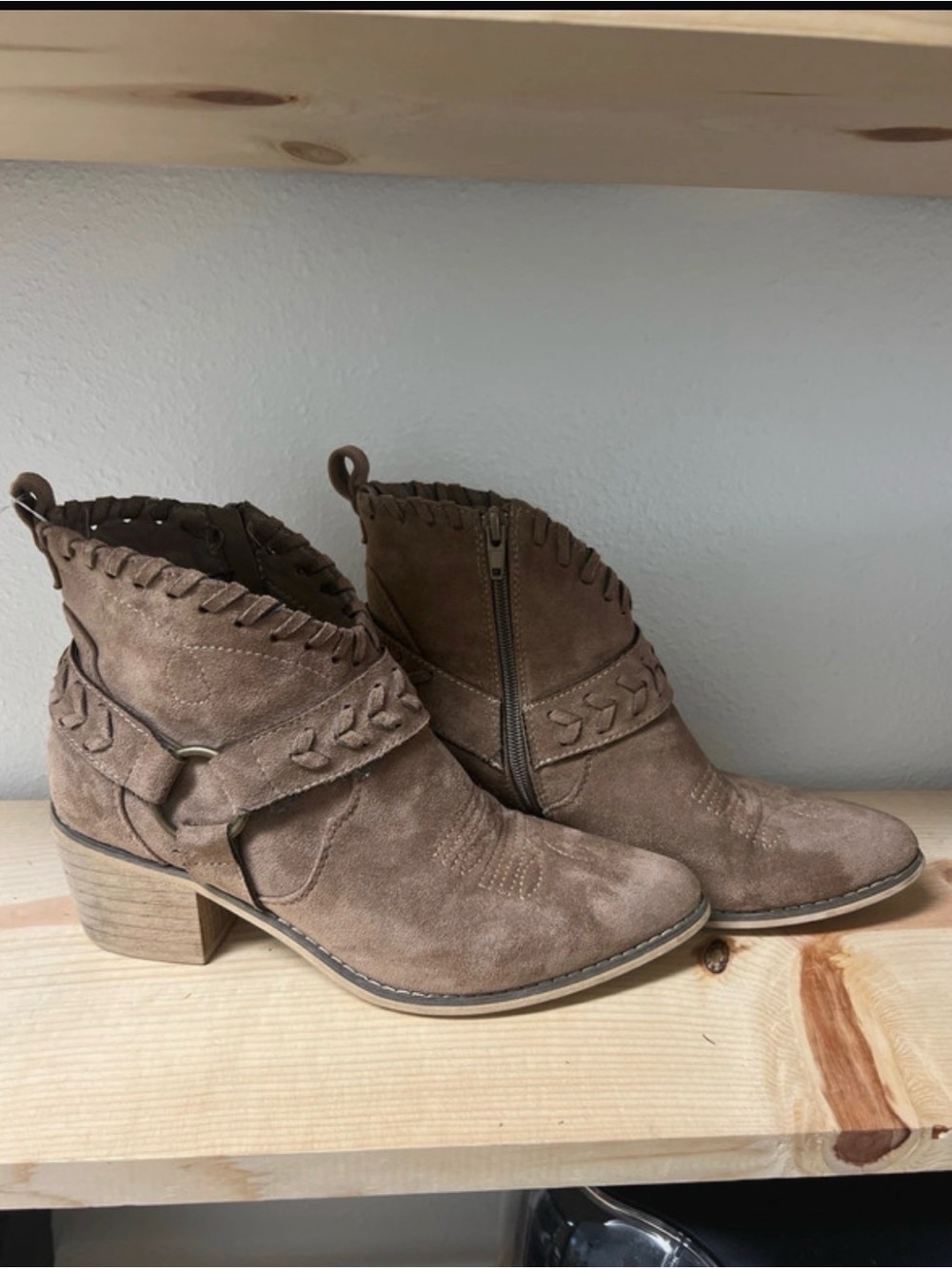 Altered State Women’s Taupe Suede Ankle Boots with Braided Strap